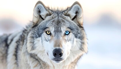 Obraz premium Wolf face, heterochromia eyes - one gold, one blue - soft focus background, winter