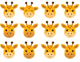 Obraz premium Twelve cartoon giraffe heads with variations in expression, arranged in a three-by-four grid on a white background