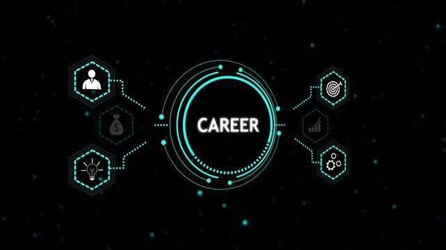 Career development dashboard interface animation professional growth system. Employee career path planning and progression visualization platform. Digital career management control panel.