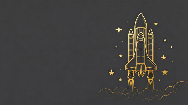 Golden space shuttle launching with stars on dark background