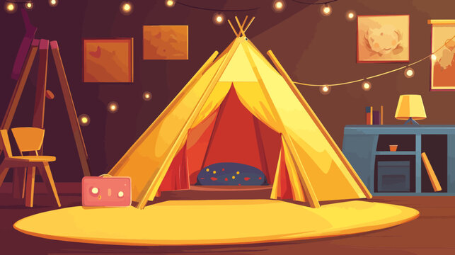 A warmly lit, inviting illustration of an indoor teepee, fairy lights, and cozy accessories