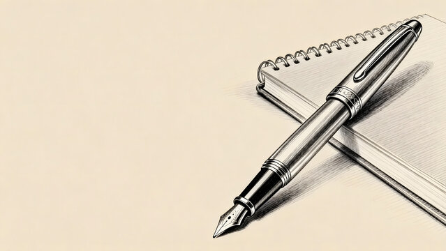 Fountain pen with ornate clip resting on spiral notebook, sketch style