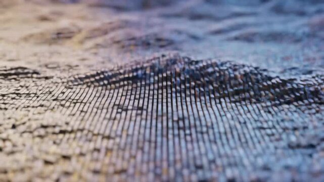 futuristic 3d animation of a vast, undulating digital landscape with dynamic rectangular blocks rippling in synchronized wave-like motions, subtly shifting colors from vibrant yellows to cool purples