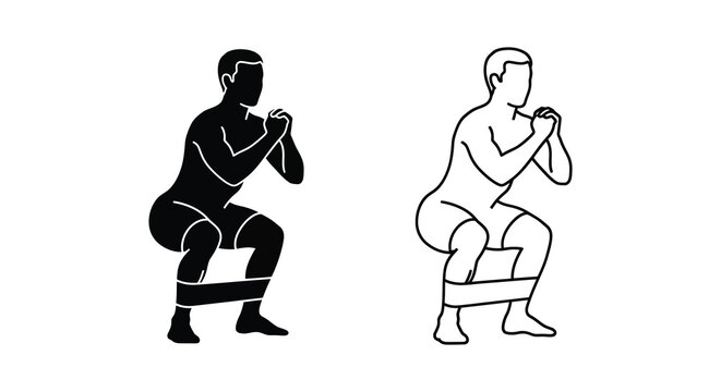 Two men performing squats with resistance bands a striking silhouette