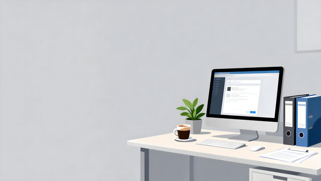 Modern office desk with computer, coffee cup, and green plant on white background