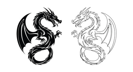 Obraz premium Two entwined dragons in a dynamic pose showcasing a striking silhouette