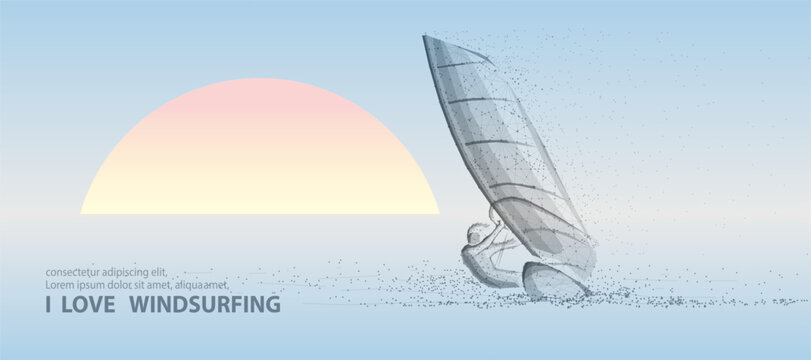 Windsurf board and sail drawn with wireframe lines beside pastel sun on beach background. Summer sport concept, ocean adventure, marine recreation, travel lifestyle. Vector illustration
