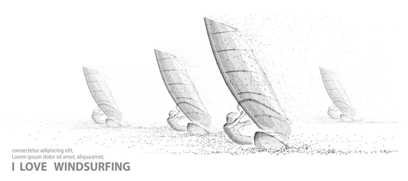 Windsurfing. Mans on sailboards surfing on the sea. Extremal sport activity, sailing windsurf, vacation on ocean, outdor adventure, fun rest, speed and power concept. Abstract low pole illustraition.