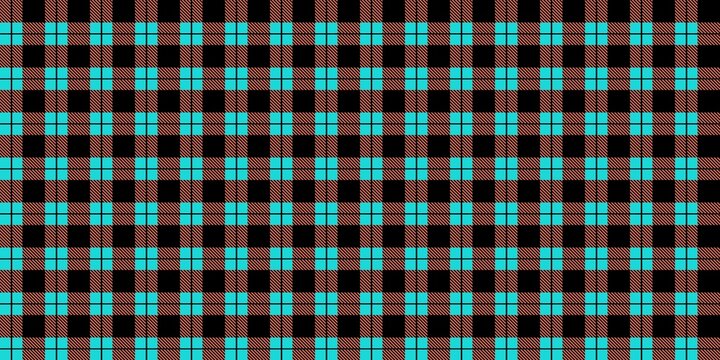 ​Seamless vibrant plaid pattern with turquoise, orange, and black checkered grid. Modern geometric textile design for bold fashion, wallpaper, and creative digital backgrounds. 