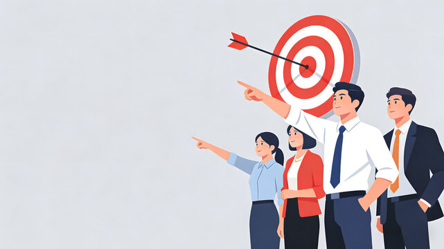 Business team pointing at target with arrow hitting bullseye on light gray background