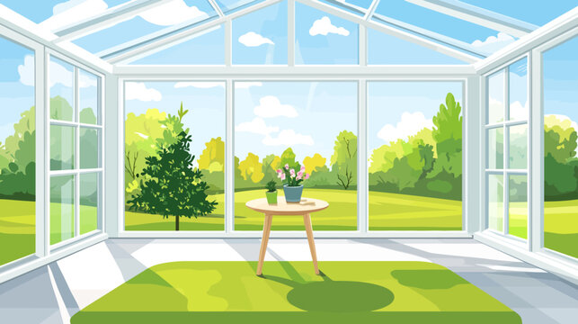 A brightly lit conservatory with a view of a lush green landscape. Flowers on a table