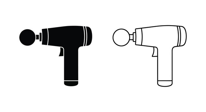 Two massage guns one black and one white shown in a flat design silhouette