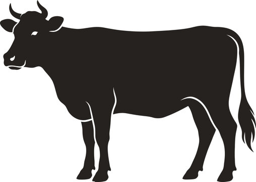 Black silhouette of a standing cow with horns and tail