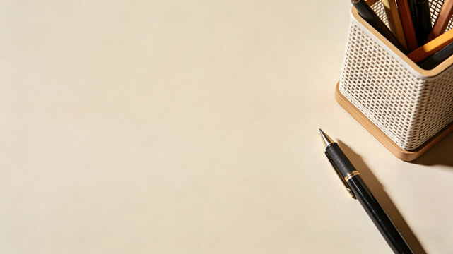 Black pen with gold clip beside white mesh pen holder on beige desk