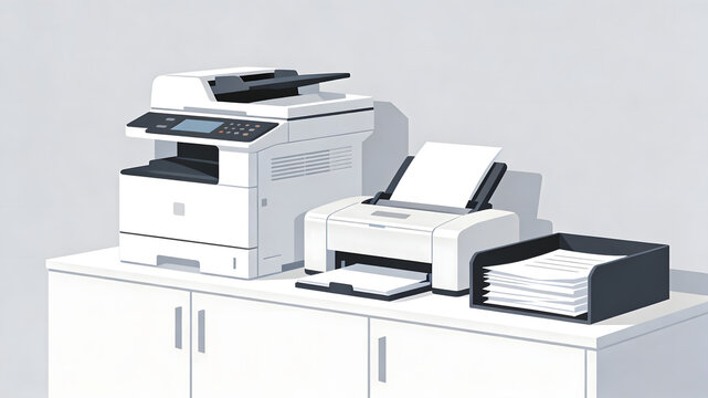 White office printer with paper output on white desk