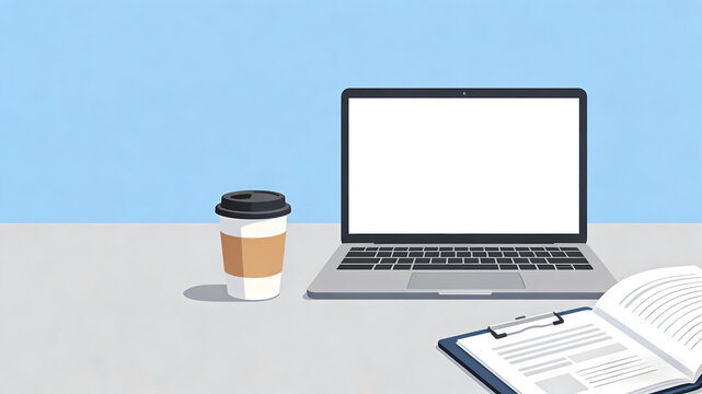 Laptop with blank screen, coffee cup and open notebook on desk against light blue background