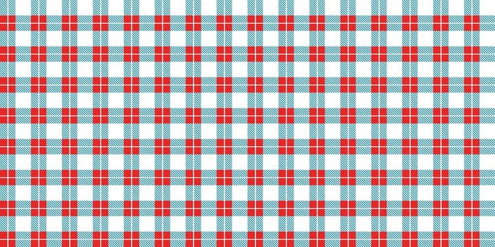 ​Seamless red and light blue gingham plaid pattern. Classic checkered geometric background for summer fashion, textile print, picnic tablecloth, and kitchen decor.