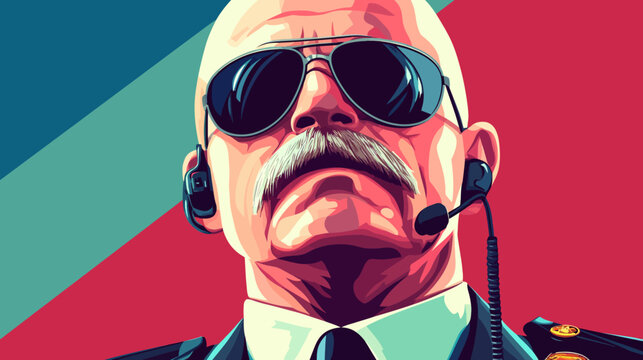 Pop art portrait of a man in sunglasses with headset and mustache against color background