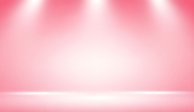 Soft pink studio background with three bright spotlights. Empty pastel stage backdrop for Valentine's Day product display, cosmetic presentation, and romantic promotional banners.