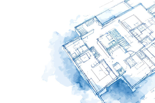Detailed architectural blueprint of modern building layout with watercolor accents