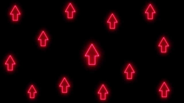 Energetic red neon arrows pointing upwards against a black background creating an abstract pattern symbolizing success progress and upward momentum in digital