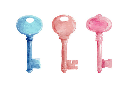 Watercolor painting of three vintage skeleton keys in blue and pink