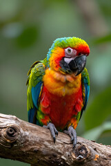 Obraz premium Vibrant Scarlet Macaw Hybrid Perched on a Weathered Branch