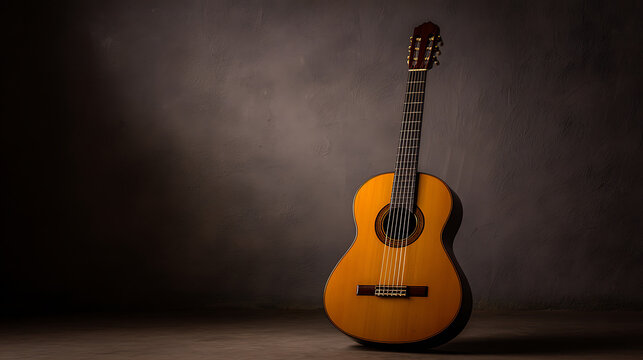 Acoustic guitar against textured wall ideal for diverse corporate and commercial use