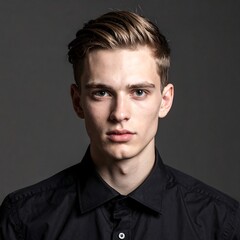 Obraz premium Young man with styled blonde hair & black shirt against gray background, intense gaze