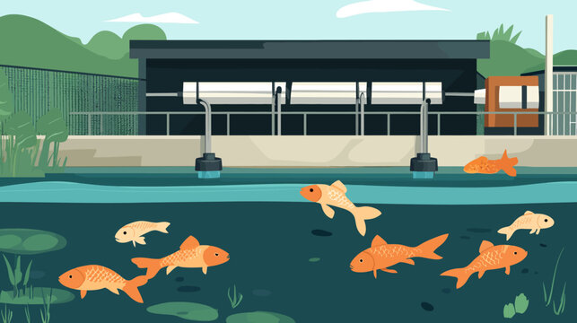 Animated illustration showing a pond with goldfish and a water treatment facility
