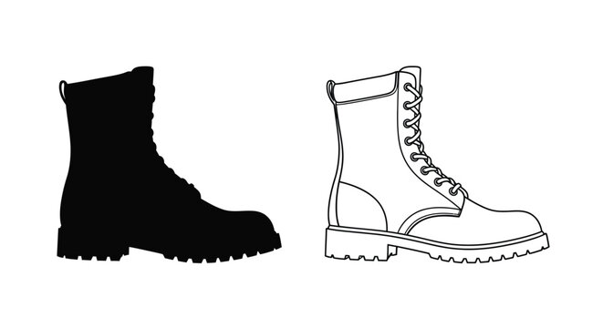 Two depictions of a combat boot one solid and one outlined silhouette