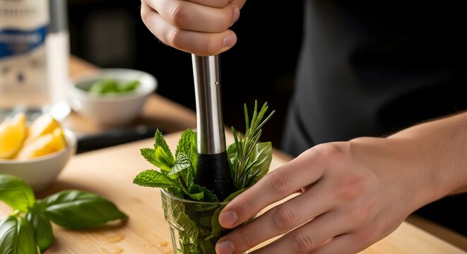 A close-up view of a person's hands using a muddler to crush fresh herbs like mint and rosemary in a glass, preparing a refreshing drink on a wooden cutting board.