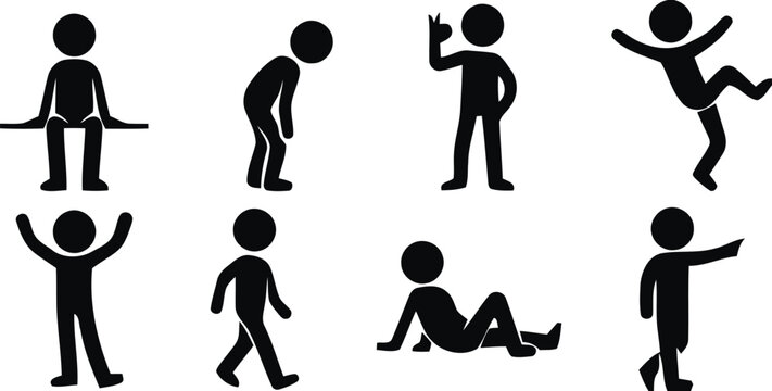 Diverse collection of vector graphic stick figures displaying various human poses