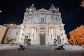 St. Paul's Cathedral facade at night - Mdina, Malta © demerzel21