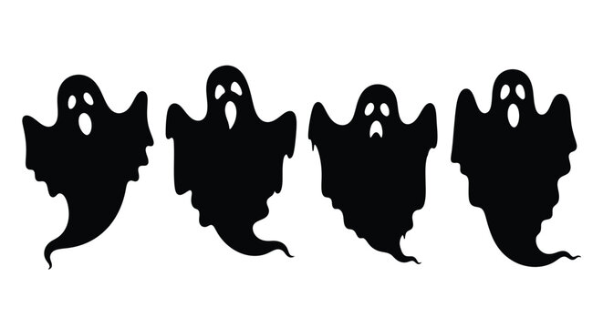 Four spooky halloween ghosts in a simple black silhouette