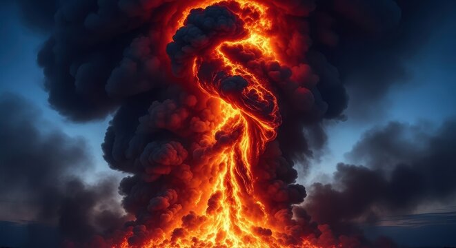 A massive, overwhelming wildfire firestorm creating towering columns of smoke and flame against a dark, ominous sky during an environmental emergency, heat, intense, column