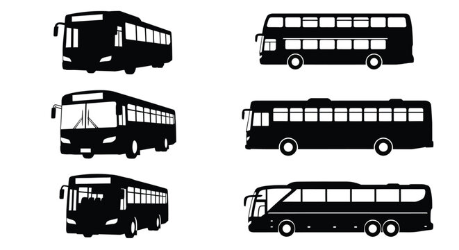 Variety of public transport buses depicted in a black silhouette