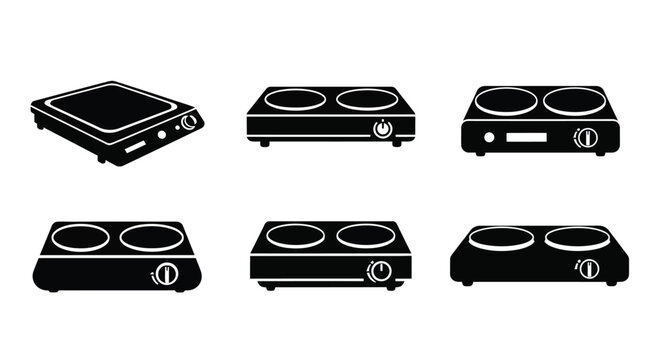 Various electric stovetop cookers displayed in a stark black silhouette