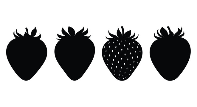 Four black strawberry shapes displayed in a simple stark silhouette