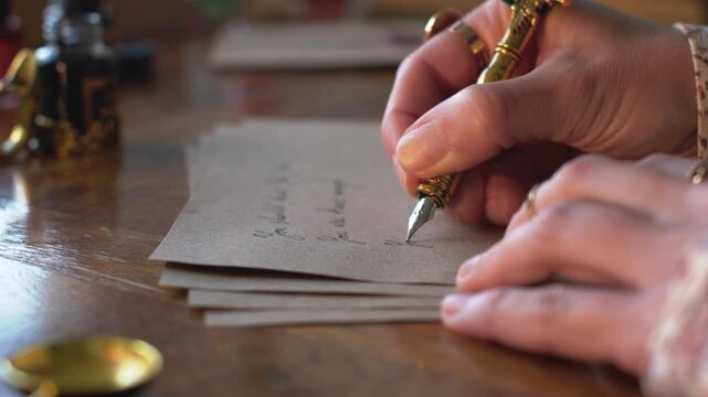 A close-up of a girl's hand writing a letter with a vintage fountain pen. The graceful curves on the paper are carefully traced with ink. The girl is writing a letter.