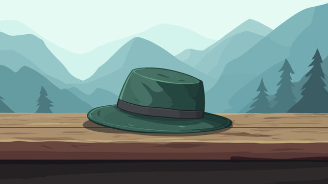 A green hat sits on a wooden surface against a backdrop of layered blue mountain ranges