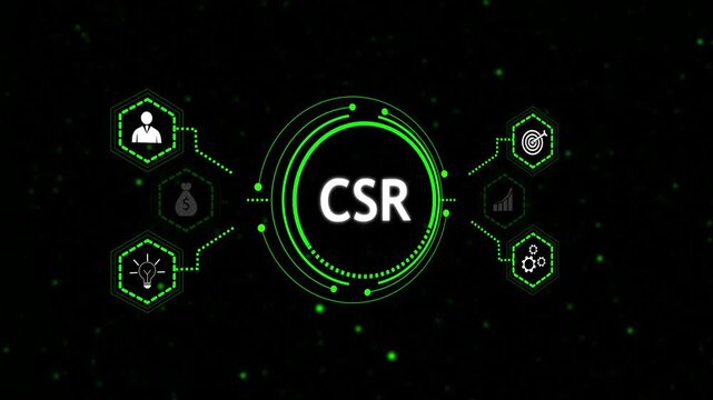 CSR dashboard interface animation corporate social responsibility. Sustainability impact management visualization business ethics platform. Digital CSR system reporting motion graphic.