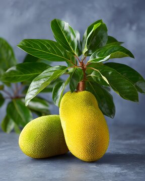 Two jackfruits sit on a surface next to a green leafy stalk
