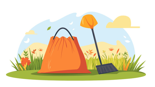 An illustration depicts an orange bag and a broom, implying an environment clean-up effort, set outdoors