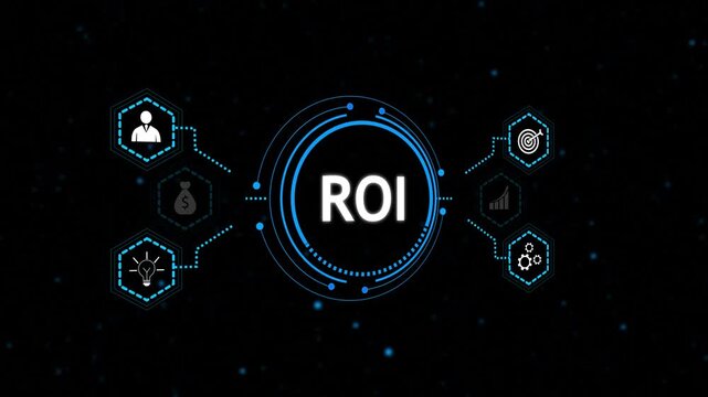ROI dashboard interface animation investment performance analysis. Return on investment visualization financial metrics platform. Digital ROI system profit evaluation motion graphic.