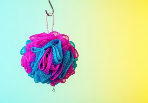 Clean shower puff hangs neatly on a hook to drain and dry thoroughly after use, preventing mold and bacterial buildup, care, up, bacteria