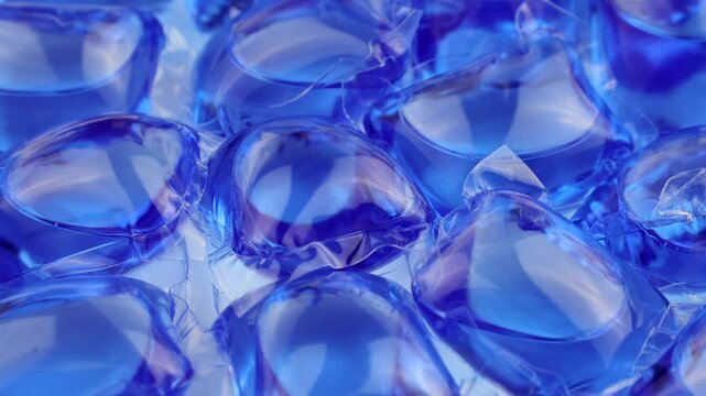Blue laundry detergent pods or liquitabs for washing machine circle rotation close up
