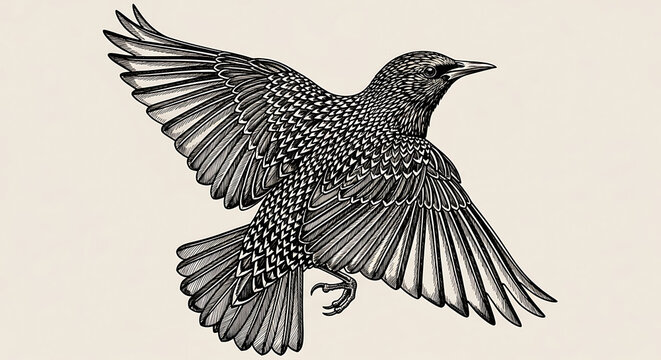 European starling in flight, black plumage isolated on a transparent background