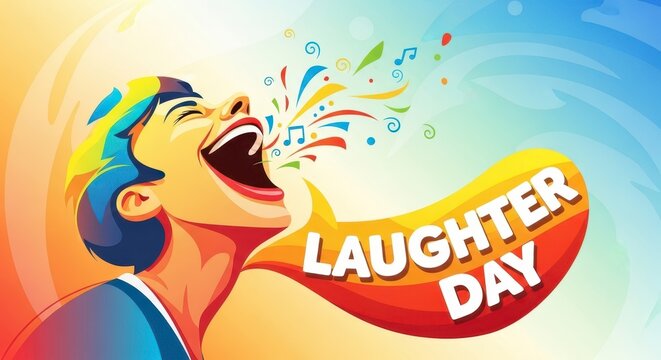 Joyful Person Laughing Out Loud with Musical Notes and Colorful Confetti