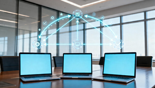 man using digital tablet in office lock and key businessman holding a laptop with social network icons business graph on laptop mobile phone and globe on table ai-radial-chart-phone-ove data AI inforg